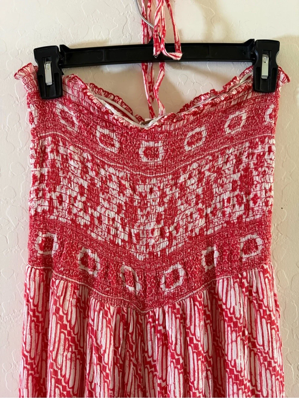 Free People, large, red & white boho-patterned strapless wide-leg jumpsuit